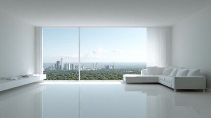 Fototapeta premium Modern minimalist living space with large window overlooking city view