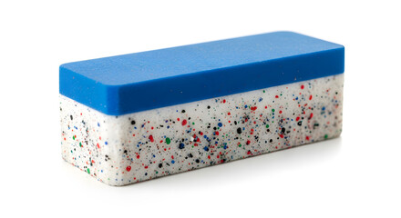 Obraz premium A colorful eraser with a blue top and multicolored speckles on a white background