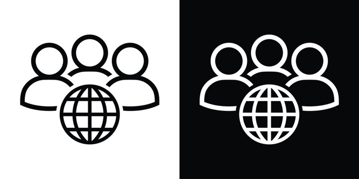 Modern vector icon of a team of individuals paired with a globe, signifying global workforce, international business relations, outsourcing, and worldwide communication networks.