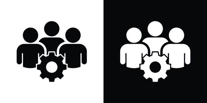 Professional flat vector icon featuring a team of people with a central gear, representing team management, technical support, workforce optimization, and collective industrial operations.