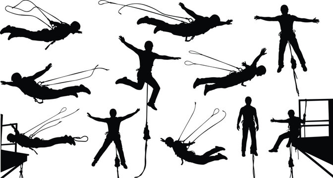 Bungee jumping silhouettes set with people falling and swinging, extreme sport activity, rope safety harness, adventure thrill, vector illustration collection
