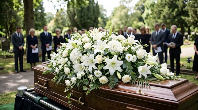 Wooden casket with white flowers at outdoor funeral service