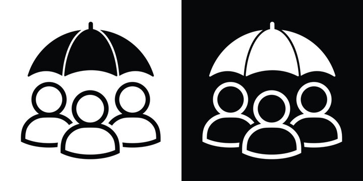 Minimalist vector graphic of people silhouettes under an umbrella, representing life insurance, group protection, safety, social security, and risk management concepts.