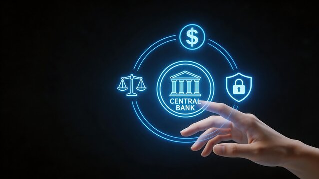 Hand interacting with central bank digital icons