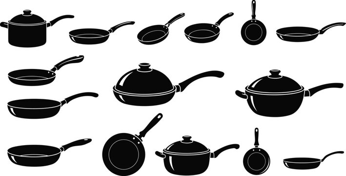 Cookware silhouettes collection with frying pans and pots, kitchen utensils, cooking equipment, home kitchen tools, culinary set, vector illustration