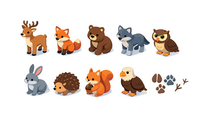 Fototapeta premium Collection of cute cartoon forest animals and paw prints in a simple isometric style
