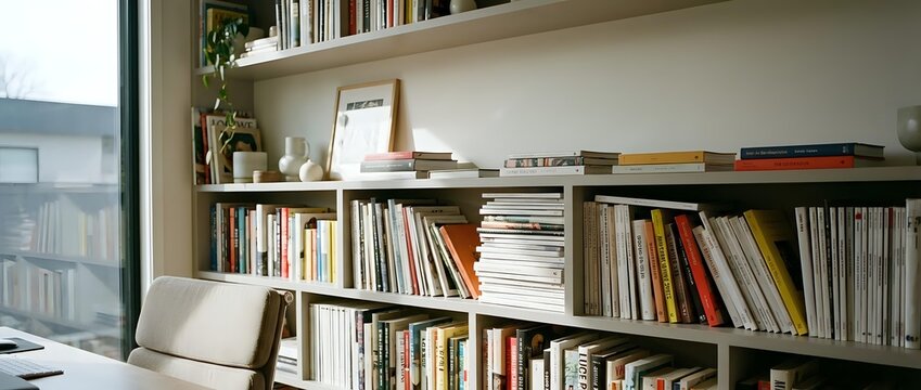 Modern home library with wooden bookshelves filled with books and magazines. Cozy reading corner with natural light from window. Contemporary interior design.