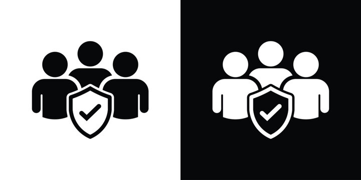 Group of people icons with a central security shield and checkmark. Represents human resources security, insurance, team protection, verified users, and safe social communities.