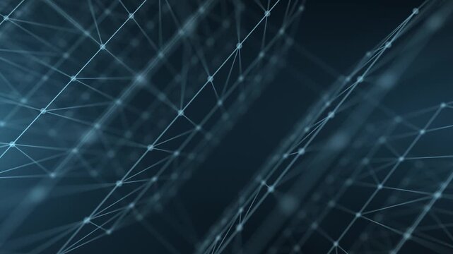 Abstract blue network lines and nodes form a digital mesh corridor, creating a futuristic data structure with depth, motion, and modern technology feel.