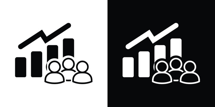 Bar graph showing upward growth trends alongside a group of people. Perfect for HR metrics, talent development, population statistics, and business performance analytics.