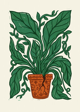 A powerful, textured illustration in a neo-naive, linocut style showing a vigorous green plant bursting out of itscontainer