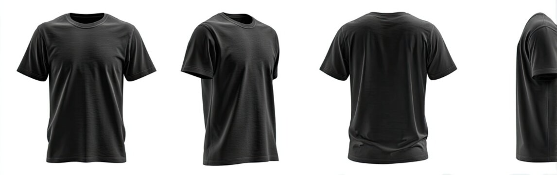 Four views of a plain black short-sleeved t-shirt on white background