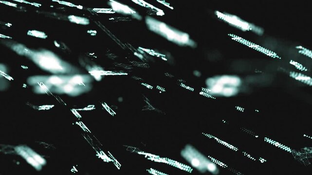 Glitching digital fragments streak through darkness, forming fast abstract motion with sharp light trails, depth, and futuristic technology atmosphere.