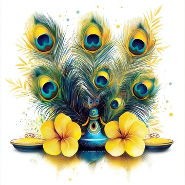 Showcasing the beauty of konna flowers and peacock feathers in art.