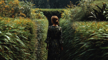 Naklejka premium Person walks in a garden maze during the day with light green bushes and gray walls under a dark sky