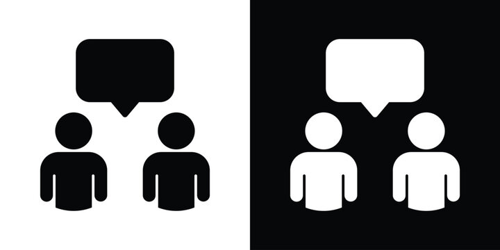 Minimalist icon featuring two human silhouettes with a shared speech bubble. Ideal for symbolizing dialogue, customer support, feedback, consultation, and collaborative communication concepts.
