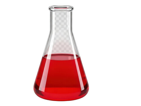 Laboratory erlenmeyer flask with red liquid filling isolated on transparent background