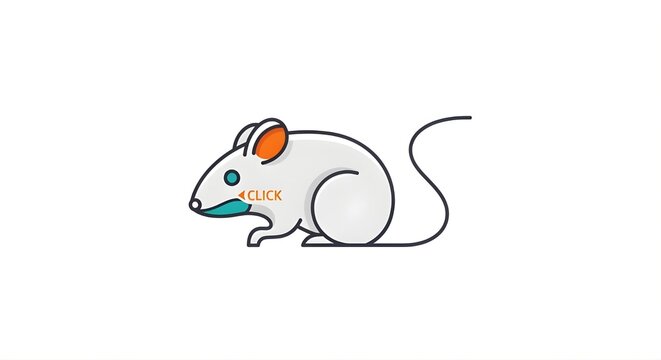 A creative and minimalist illustration of a mouse (rodent) cleverly integrated with elements of a computer mouse, featuring a "CLICK" button indicator on its cheek