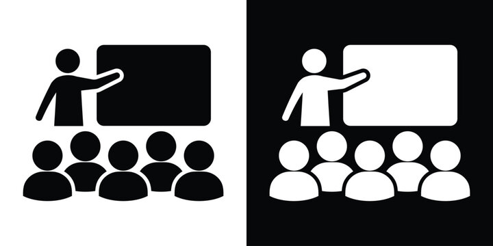 Vector icon of a presenter at a board with a small audience. Symbols of education, corporate training, seminars, and workshops. Features clean silhouettes for teaching and learning contexts.