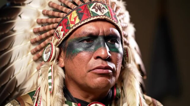 Native American leader wearing traditional headdress looking into distance with intense gaze and