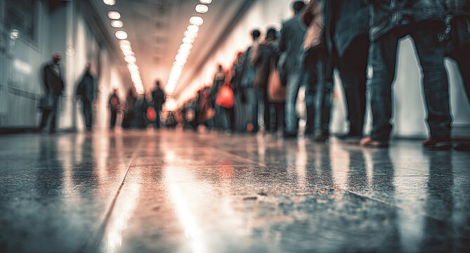 Blurred commuters traverse a long, reflective hall, illuminated by warm overhead lights