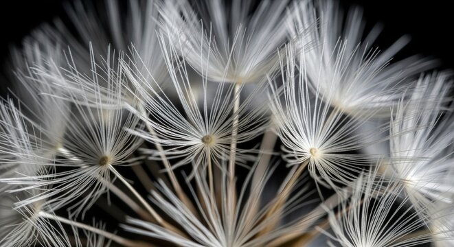 Extreme close-up of a dandelion seed head (pappus) against a dark background.