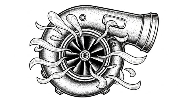 Detailed Vintage Turbocharger Mechanical Compressor Illustration.