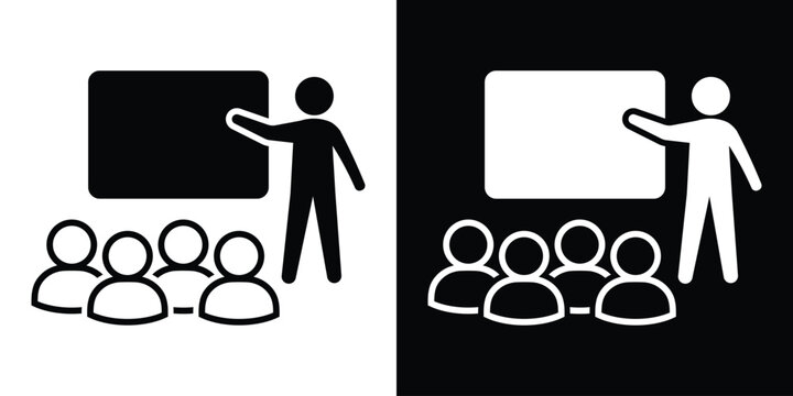 Vector icon of a presenter at a board with a small audience. Symbols of education, corporate training, seminars, and workshops. Features clean silhouettes for teaching and learning contexts.