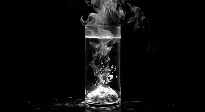 Glass of liquid with a reacting substance creating bubbles, swirling, and rising steam