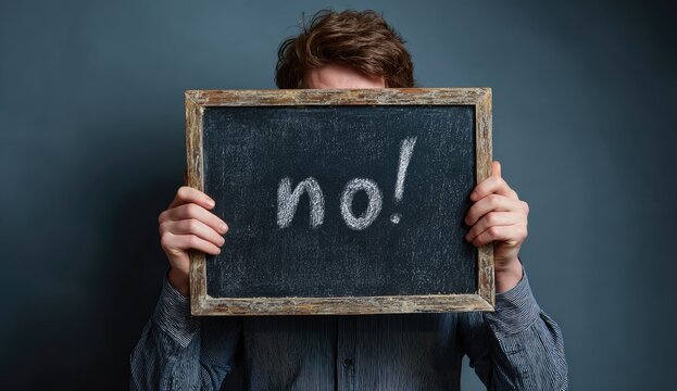 Individual hides behind a blackboard displaying 'no!' in chalk, emphasizing denial