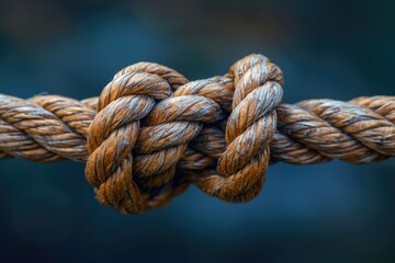 Fototapeta premium Close up of strong rope knot symbolizing connection, strength and tension on dark background