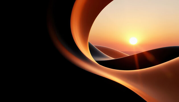 a sunset captured through a flowing abstract design. This design emphasizes the glowing sunset and smooth curves of the scenery.