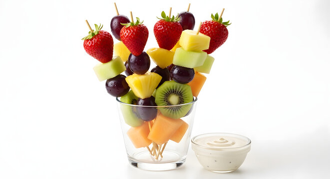 A colorful fruit platter with a variety of fresh fruits and a side of creamy dip