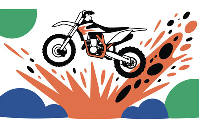Naklejka premium A colorful illustration of a dirt bike in midair on a white background with abstract shapes