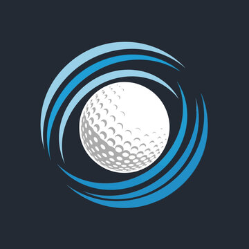 Golf ball with swirling blue lines around it.