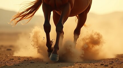 Fototapeta premium A dynamic low-angle close-up of a chestnut horse galloping across a sandy desert at sunset, its powerful legs kicking up golden dust against a warm, hazy sky, with one striking white sock on a hind le