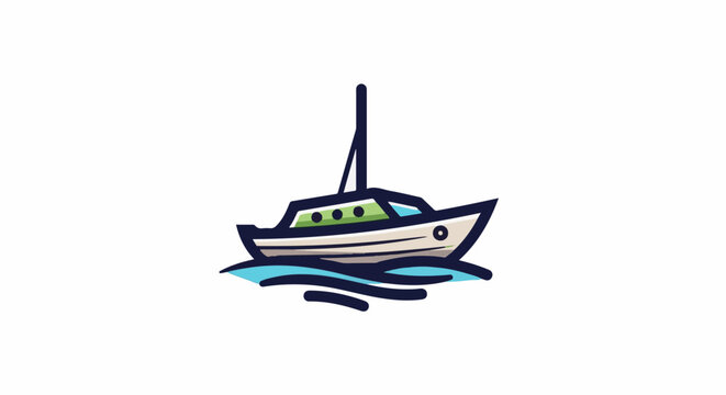 A stylized, colorful cartoon boat sails on blue waves under a white background