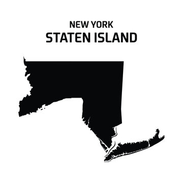 A stark black silhouette of staten island alongside the text new york and staten island