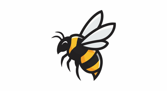 A stylized yellow and black bee in mid-flight, with white wings