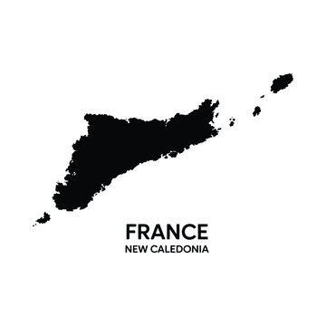 A stark black silhouette of new caledonia with the word france printed below it
