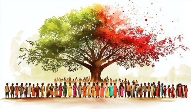 People united under nature: Watercolor illustration for Panchayati Raj Day