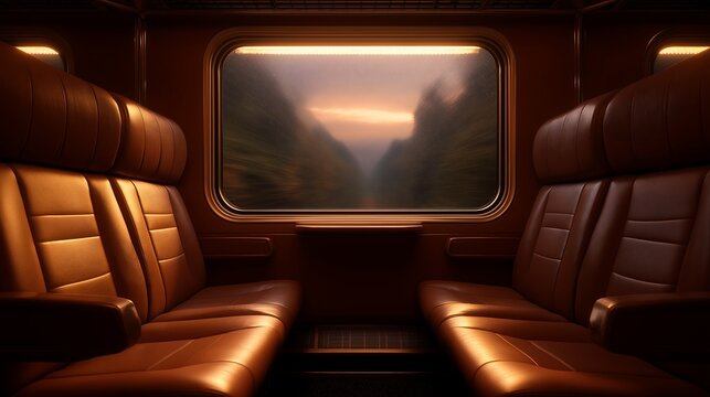 Luxury train compartment with leather seats and scenic window with warm reflections