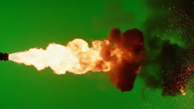 Flame Thrower Blast Effect Isolated on Green Screen for Compositing