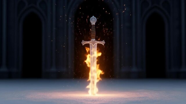 Mystical flaming sword animation in stone hall, powerful and magical weapon fantasy landscape 3D