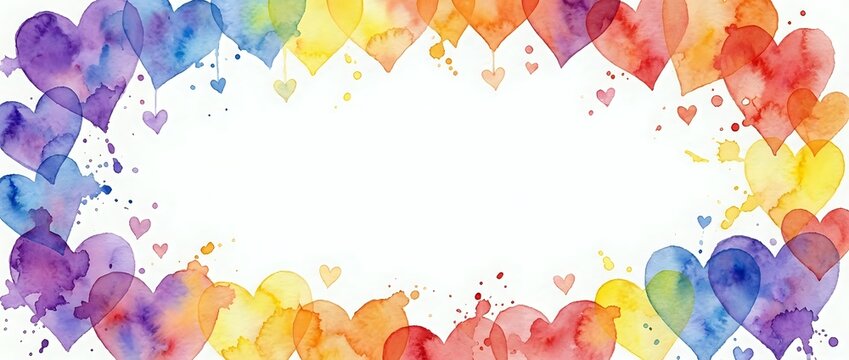 Colorful watercolor hearts border frame with rainbow gradient colors creating romantic decorative background for love themed designs and Valentine projects.