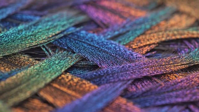 Detailed macro of a woven wool textile featuring a colorful pattern and intricate craft design with a vibrant yellow cotton fabric texture