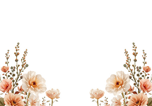 Elegant floral border with soft neutral flowers arranged symmetrically on a clean background.