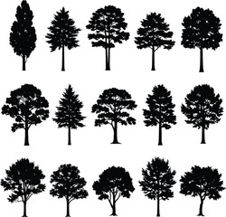 Fototapeta premium Collection of 15 tree silhouettes: various species and shapes