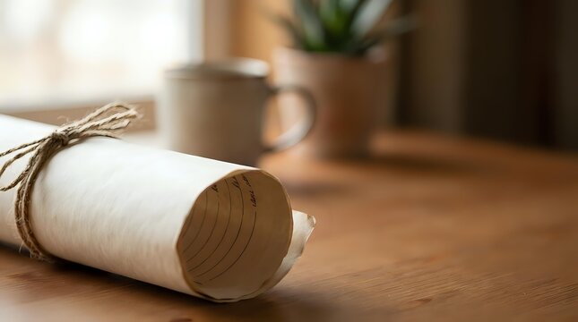 Rolled parchment paper scroll tied with natural twine rope on wooden table surface with blurred coffee mug and plant pot in cozy home interior background.