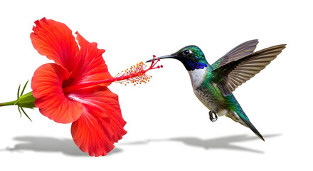 Fototapeta premium A hummingbird in flight sips nectar from a vibrant red hibiscus flower against a clean white background.